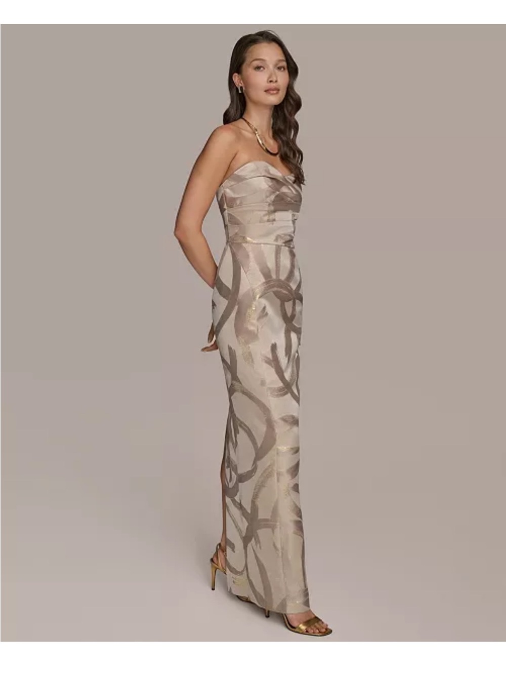 Donna Karan Strapless Column Gown in Neutral Taupe and Beige - Picture 2 of 10